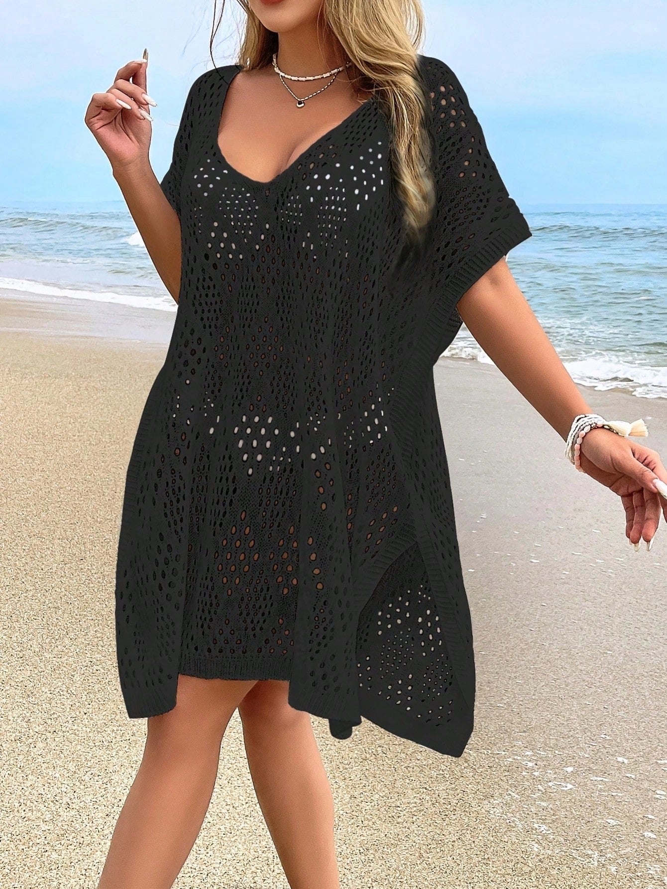 NZZOF Plus Size Women's Fashionable Casual Hollow Cover-Up Swimsuit Dress (Bikini Not Included) Vacation Beach Black Summer, Aesthetic