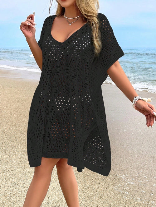 NZZOF Plus Size Women's Fashionable Casual Hollow Cover-Up Swimsuit Dress (Bikini Not Included) Vacation Beach Black Summer, Aesthetic