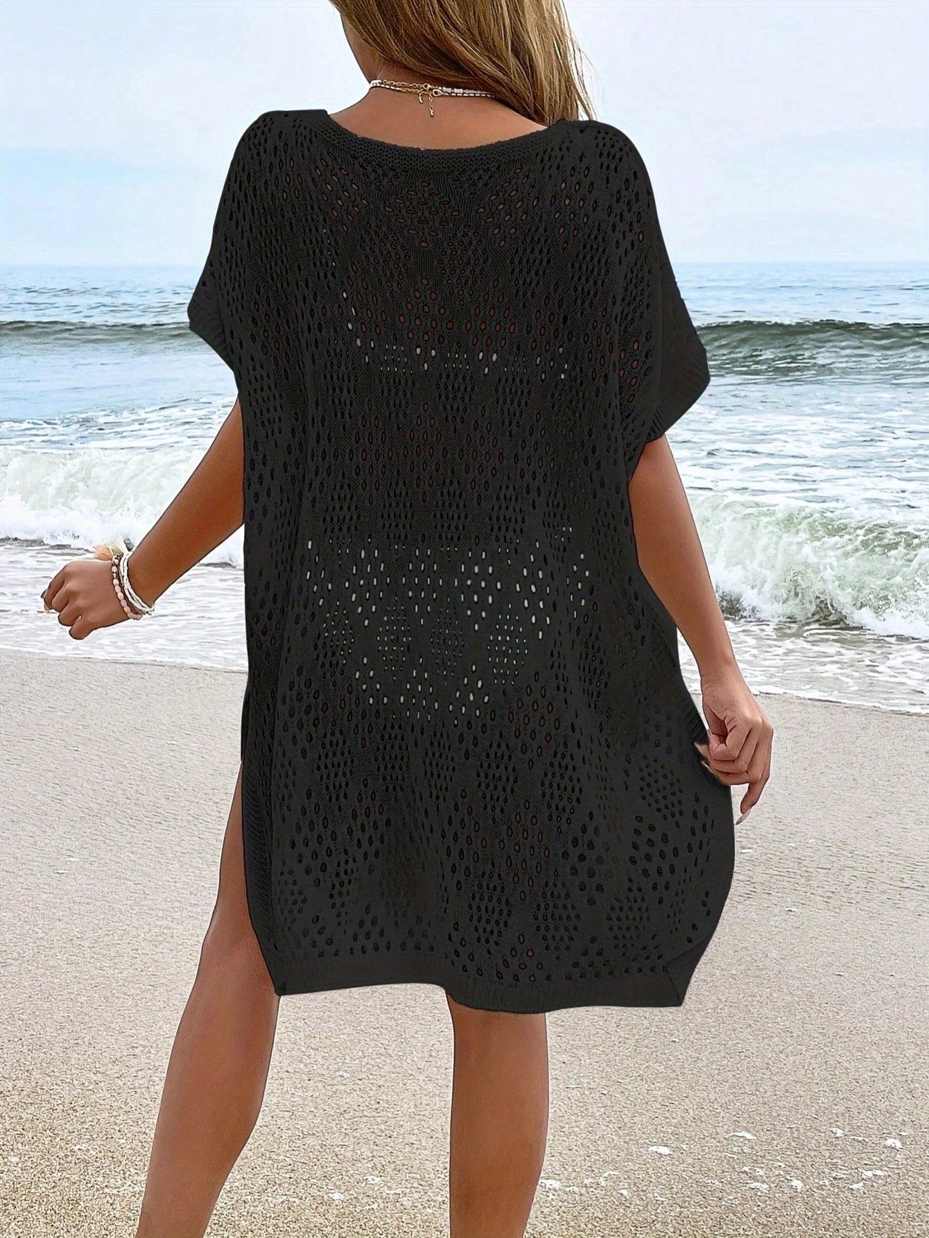 NZZOF Plus Size Women's Fashionable Casual Hollow Cover-Up Swimsuit Dress (Bikini Not Included) Vacation Beach Black Summer, Aesthetic