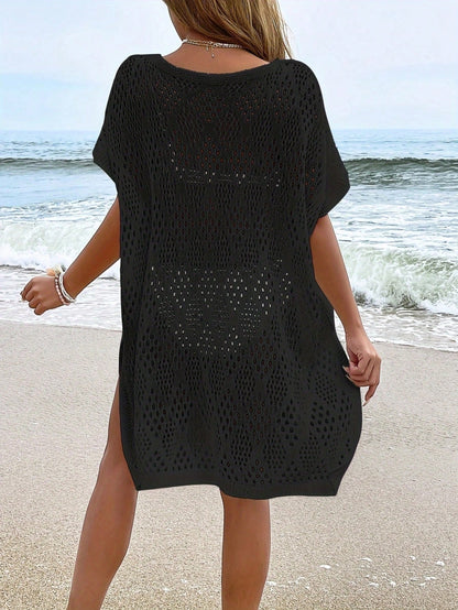 NZZOF Plus Size Women's Fashionable Casual Hollow Cover-Up Swimsuit Dress (Bikini Not Included) Vacation Beach Black Summer, Aesthetic