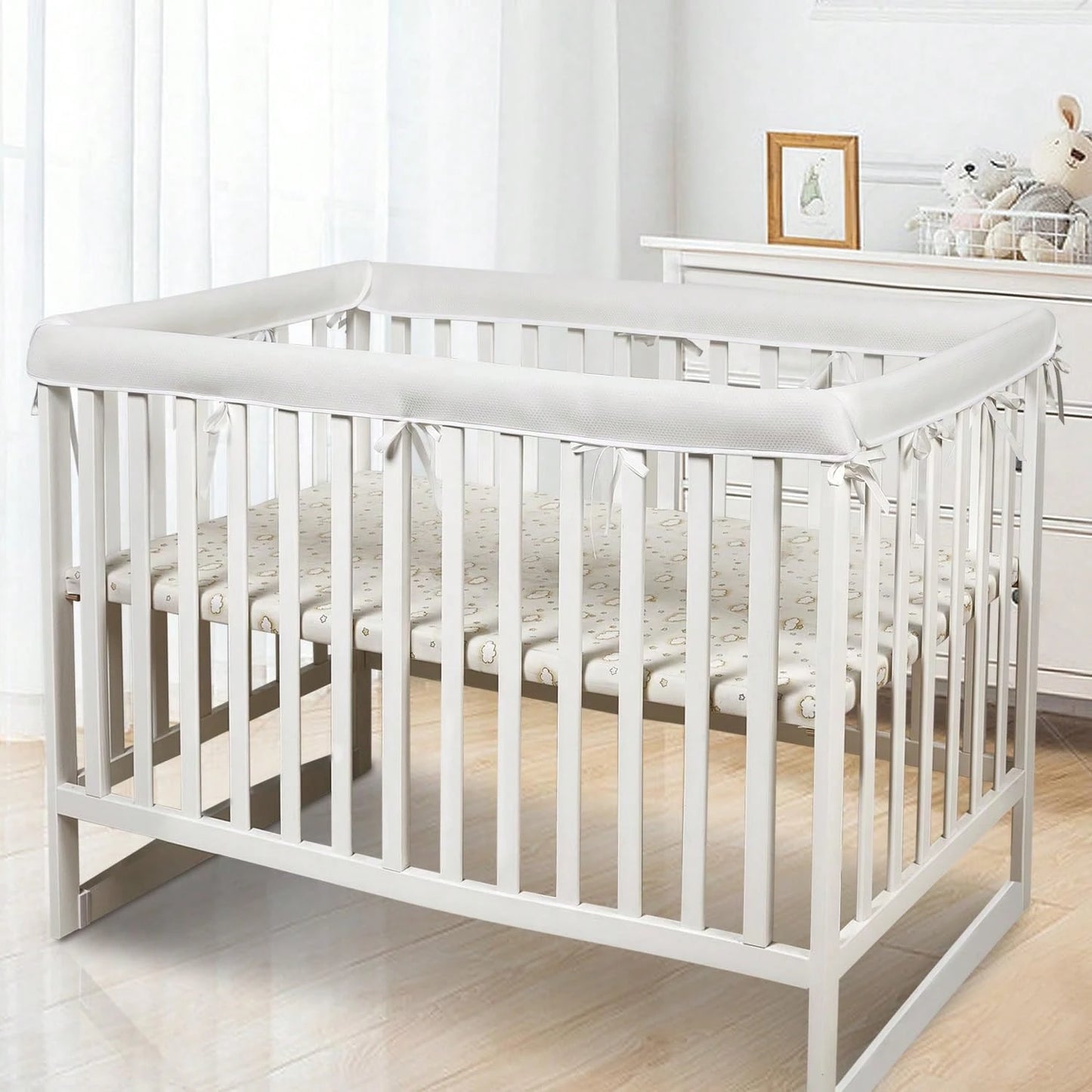 Oaoleer 4 In 1 Breathable Crib Rail Covers, White Soft Anti-Collision Rail Edge Protector Strip To Protect Baby Teeth
