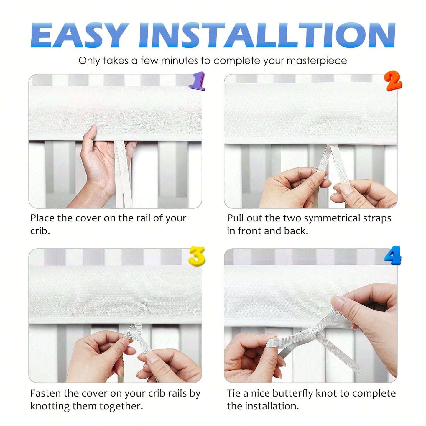 Oaoleer 4 In 1 Breathable Crib Rail Covers, White Soft Anti-Collision Rail Edge Protector Strip To Protect Baby Teeth