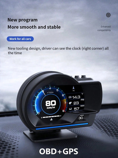 OBD + GPS HUD P24 Car OBD Head-Up Display HUD In-Car Computer Digital Speedometer, Water Temperature, Fuel Consumption, Inclinometer