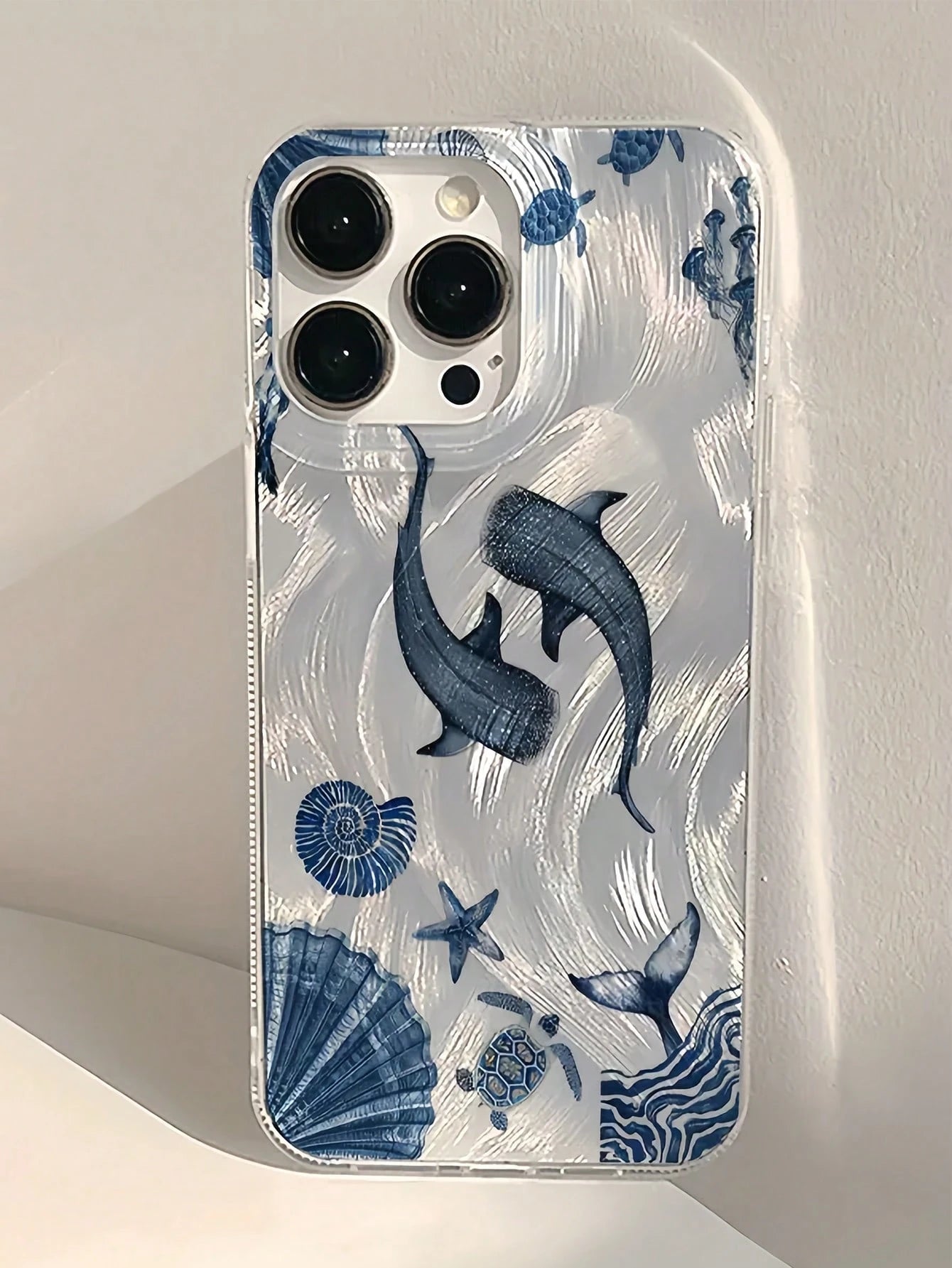 Ocean Elements TPU Blue Fashion Phone Case 1pc TPU Protective Phone Case With Feather Seashell Whale Print Sea Turtle Pattern Compatible With Apple 16 15 14 13 12 11 Pro Max Series Waterproof Shockpro