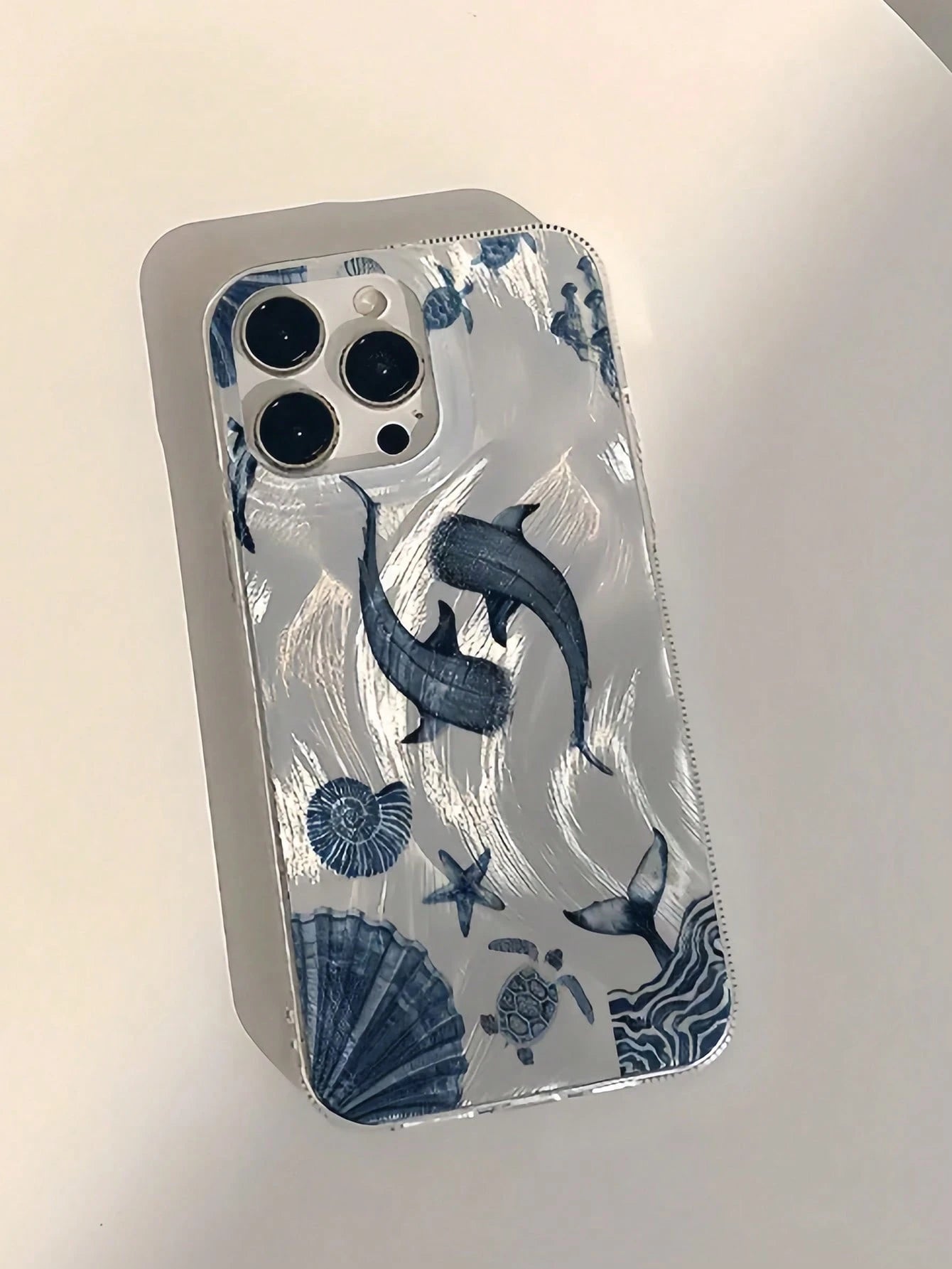 Ocean Elements TPU Blue Fashion Phone Case 1pc TPU Protective Phone Case With Feather Seashell Whale Print Sea Turtle Pattern Compatible With Apple 16 15 14 13 12 11 Pro Max Series Waterproof Shockpro