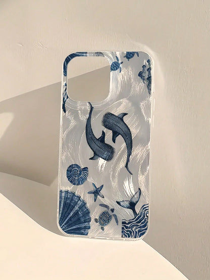Ocean Elements TPU Blue Fashion Phone Case 1pc TPU Protective Phone Case With Feather Seashell Whale Print Sea Turtle Pattern Compatible With Apple 16 15 14 13 12 11 Pro Max Series Waterproof Shockpro
