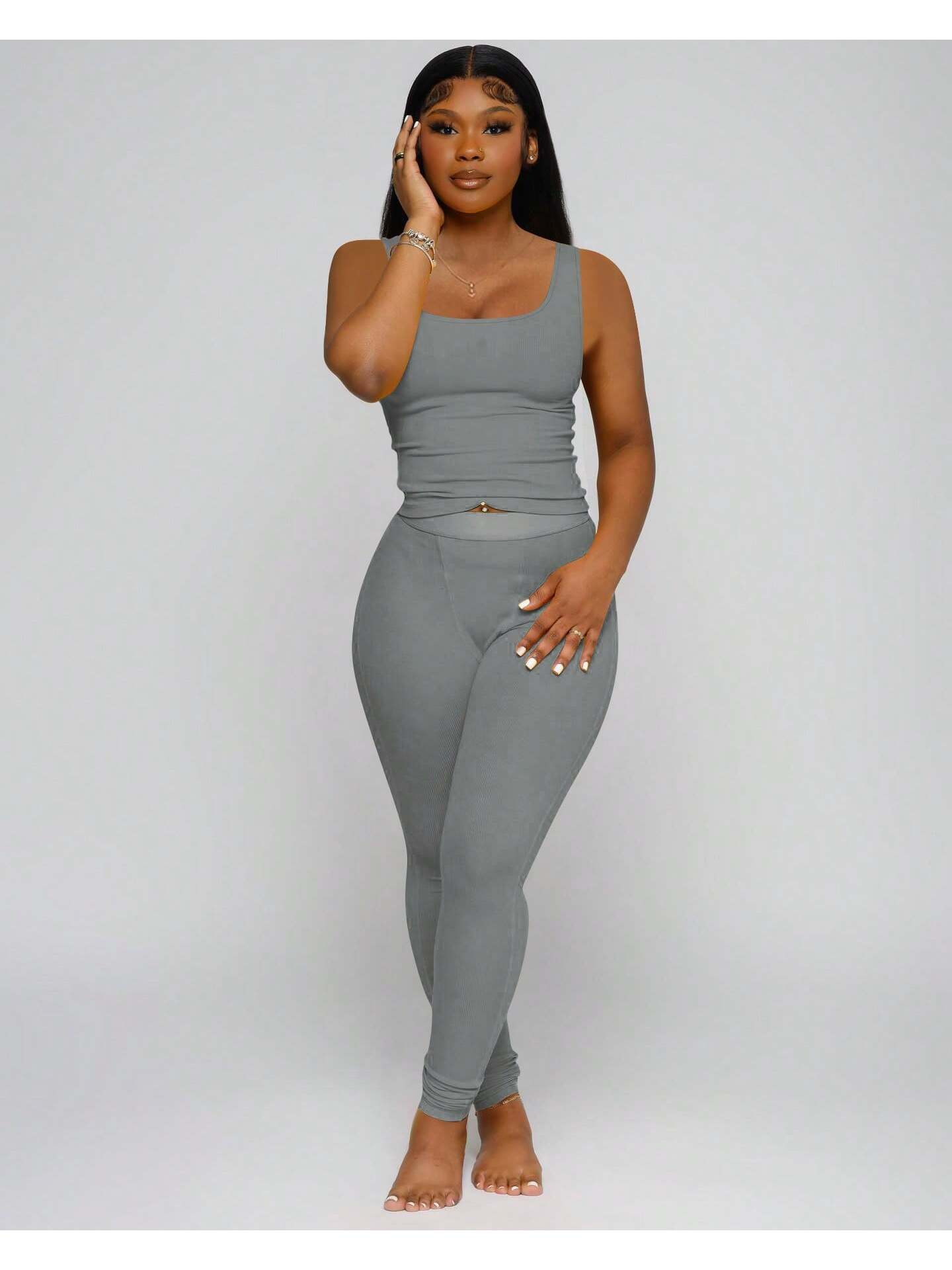 OFFBRACE Casual Workout Sets Two Piece Outfits For Women Ribbed Crop Tank Top High Waist Yoga Leggings Active Wear