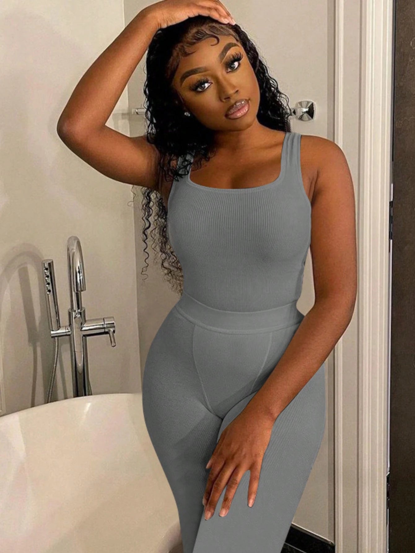 OFFBRACE Casual Workout Sets Two Piece Outfits For Women Ribbed Crop Tank Top High Waist Yoga Leggings Active Wear