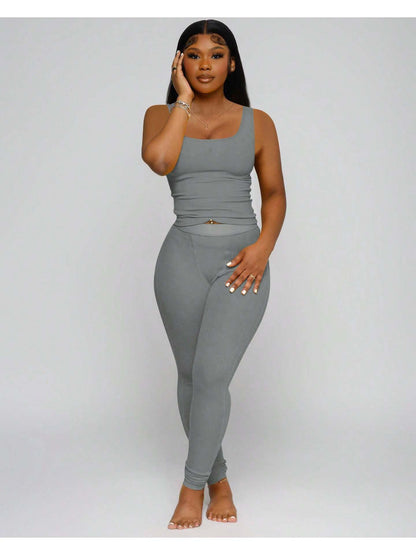 OFFBRACE Casual Workout Sets Two Piece Outfits For Women Ribbed Crop Tank Top High Waist Yoga Leggings Active Wear