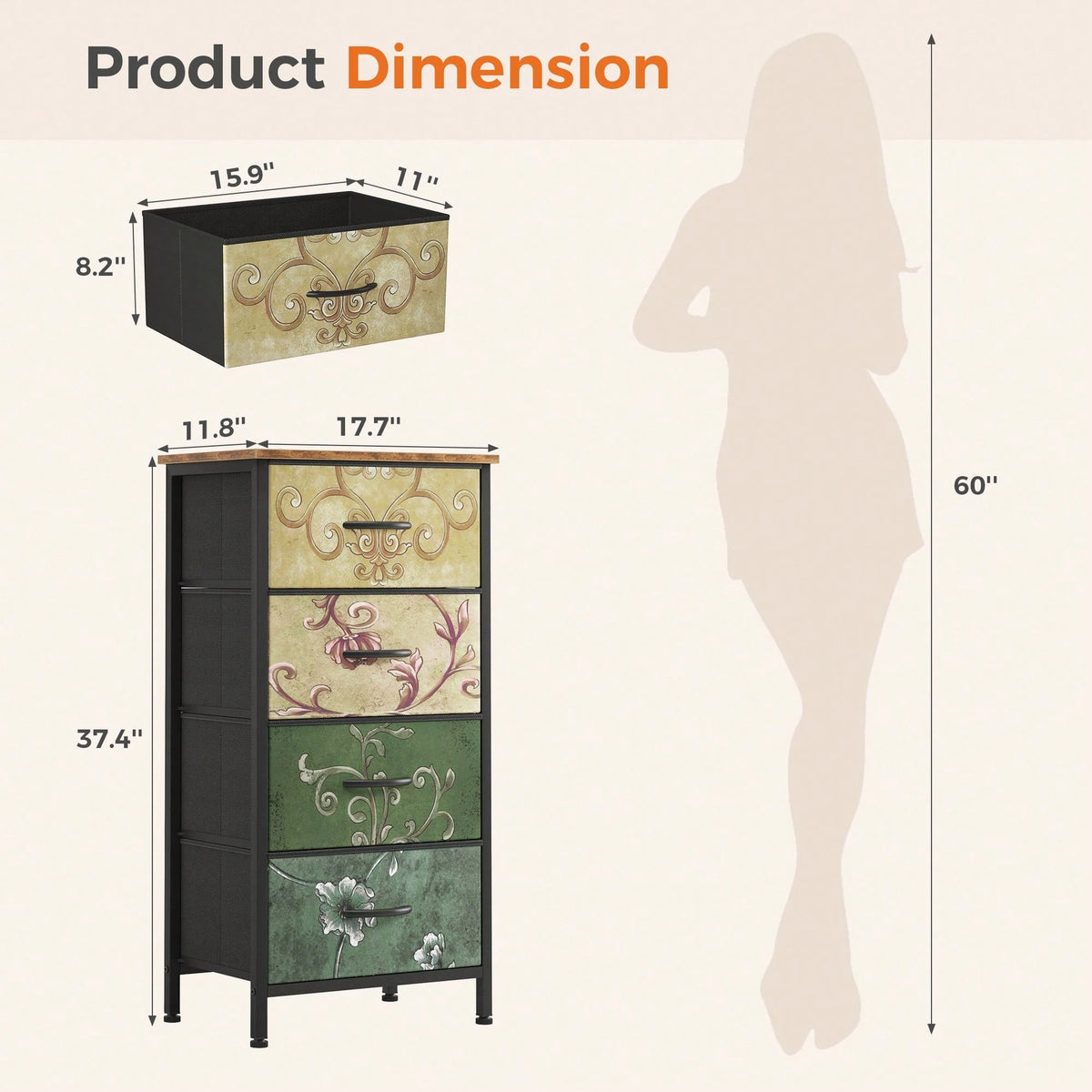 OLIXIS Dresser For Bedroom With 4 Drawers, Storage Organizer Chest Of Drawers With Removable Fabric Bins For Closet Bedside Living Room Laundry Entryway Hallway, Black