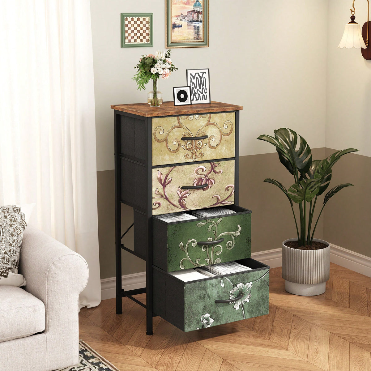 OLIXIS Dresser For Bedroom With 4 Drawers, Storage Organizer Chest Of Drawers With Removable Fabric Bins For Closet Bedside Living Room Laundry Entryway Hallway, Black
