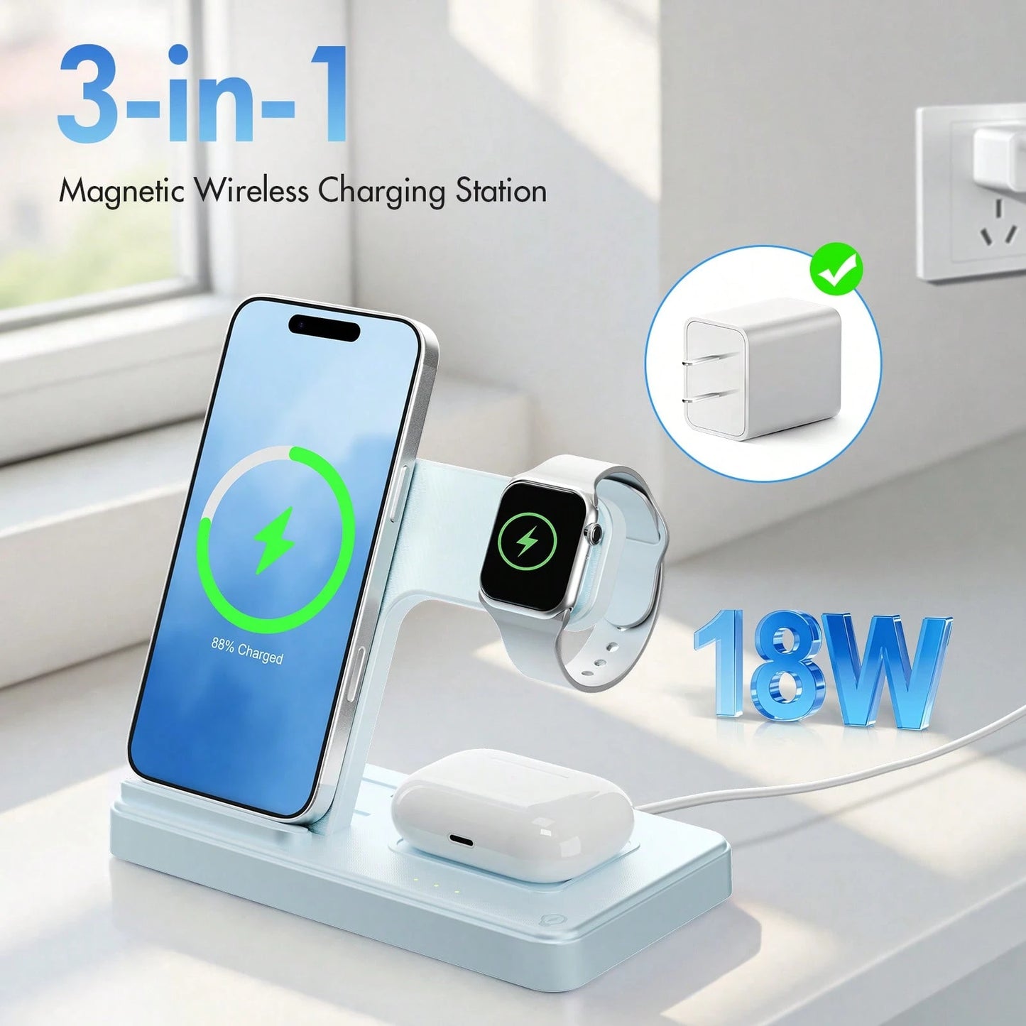 [Only Supports Wireless Headphones With Wireless Charging Function]3 In 1 Charging Station Compatible, Wireless Charger Compatible With 16 15 14 13 12 11 X Pro Max & Apple, Wireless Charging Station