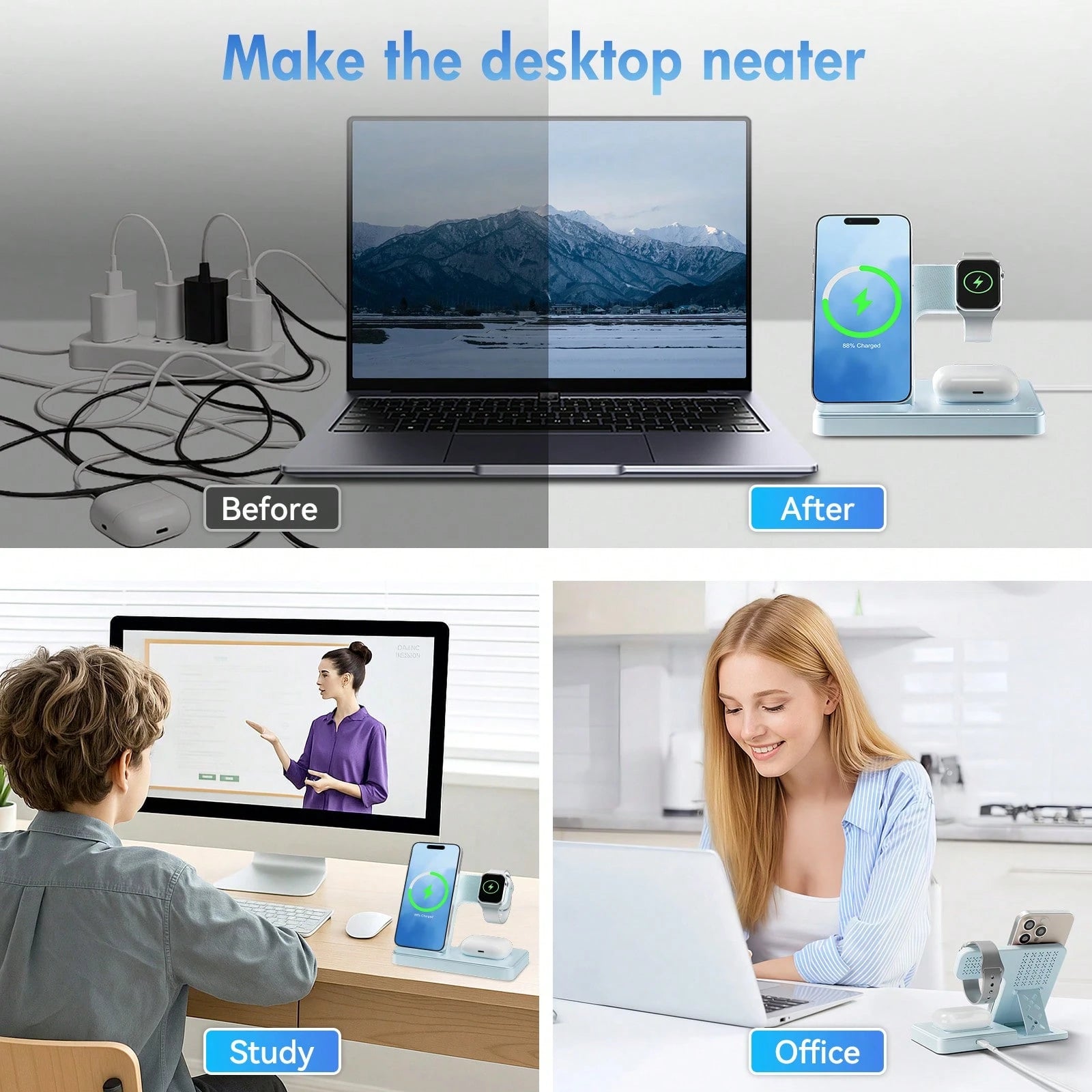 [Only Supports Wireless Headphones With Wireless Charging Function]3 In 1 Charging Station Compatible, Wireless Charger Compatible With 16 15 14 13 12 11 X Pro Max & Apple, Wireless Charging Station