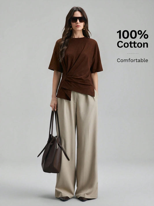 Ontre 2026 Dark Brown Summer Chic Work T-Shirt For Women,Ruched Side Slit Asymmetrical Hem, Comfortable Modern Urban Casual Bohemian Vacation Top