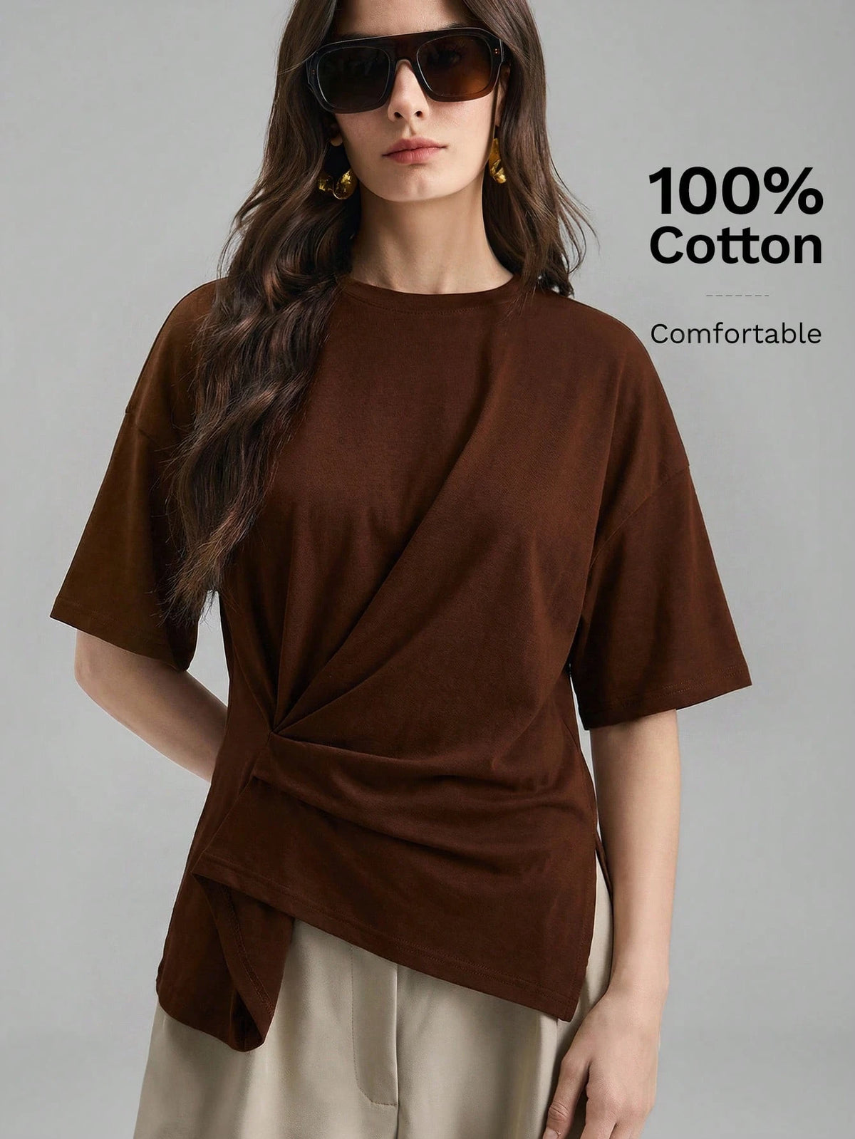 Ontre 2026 Dark Brown Summer Chic Work T-Shirt For Women,Ruched Side Slit Asymmetrical Hem, Comfortable Modern Urban Casual Bohemian Vacation Top