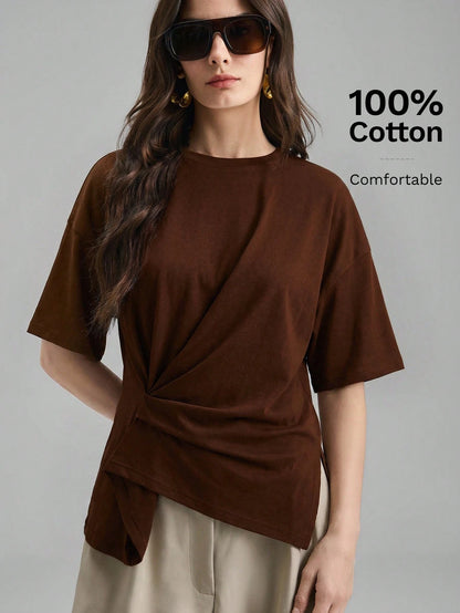 Ontre 2026 Dark Brown Summer Chic Work T-Shirt For Women,Ruched Side Slit Asymmetrical Hem, Comfortable Modern Urban Casual Bohemian Vacation Top