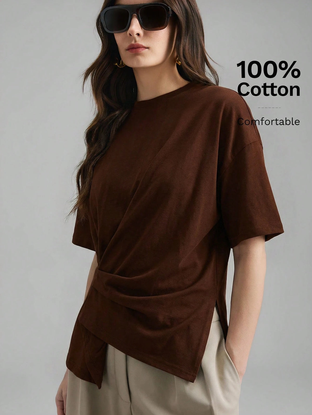 Ontre 2026 Dark Brown Summer Chic Work T-Shirt For Women,Ruched Side Slit Asymmetrical Hem, Comfortable Modern Urban Casual Bohemian Vacation Top