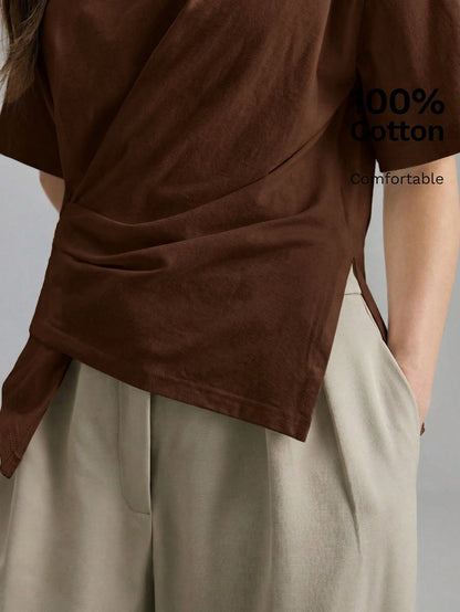Ontre 2026 Dark Brown Summer Chic Work T-Shirt For Women,Ruched Side Slit Asymmetrical Hem, Comfortable Modern Urban Casual Bohemian Vacation Top