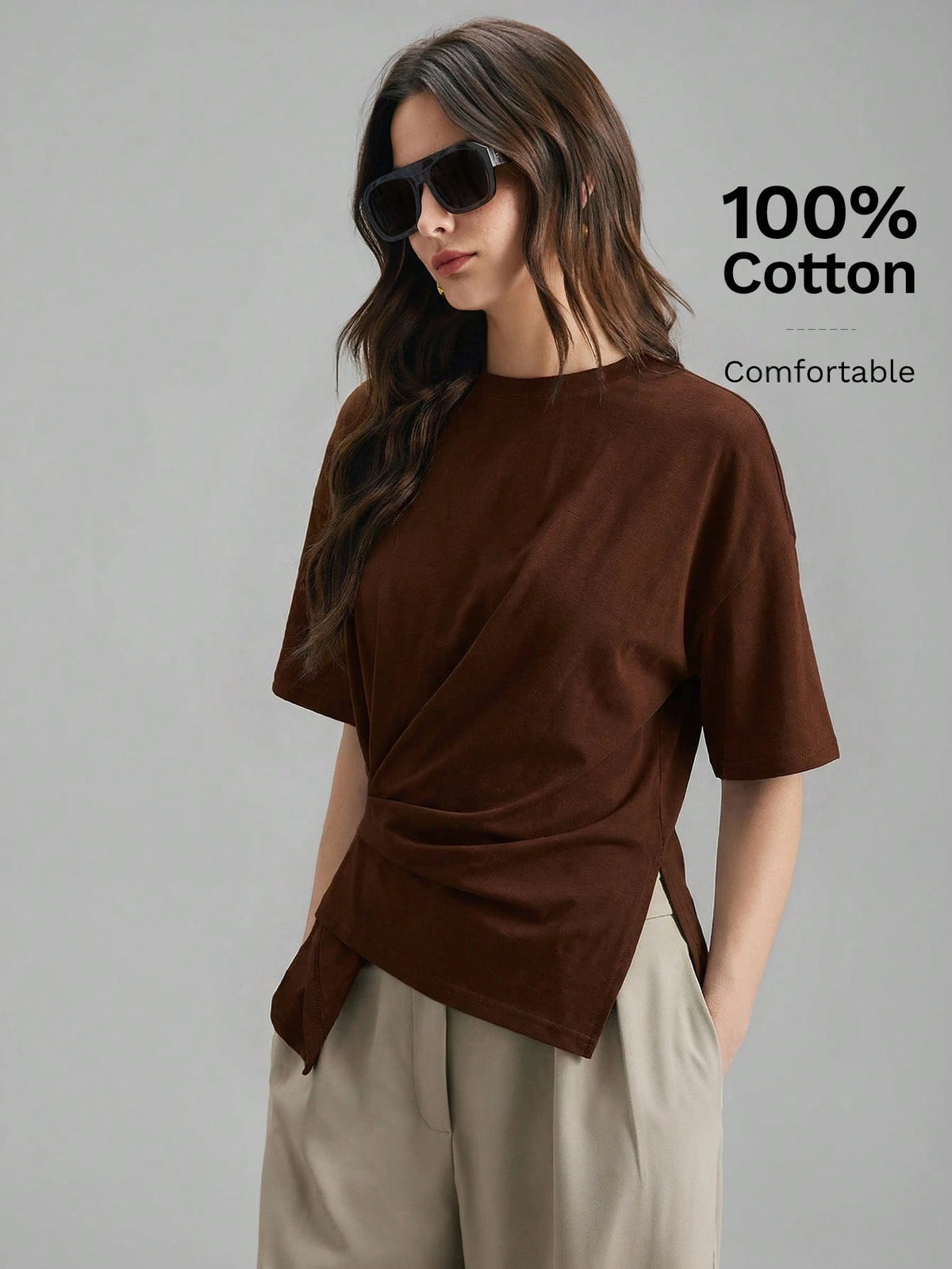 Ontre 2026 Dark Brown Summer Chic Work T-Shirt For Women,Ruched Side Slit Asymmetrical Hem, Comfortable Modern Urban Casual Bohemian Vacation Top