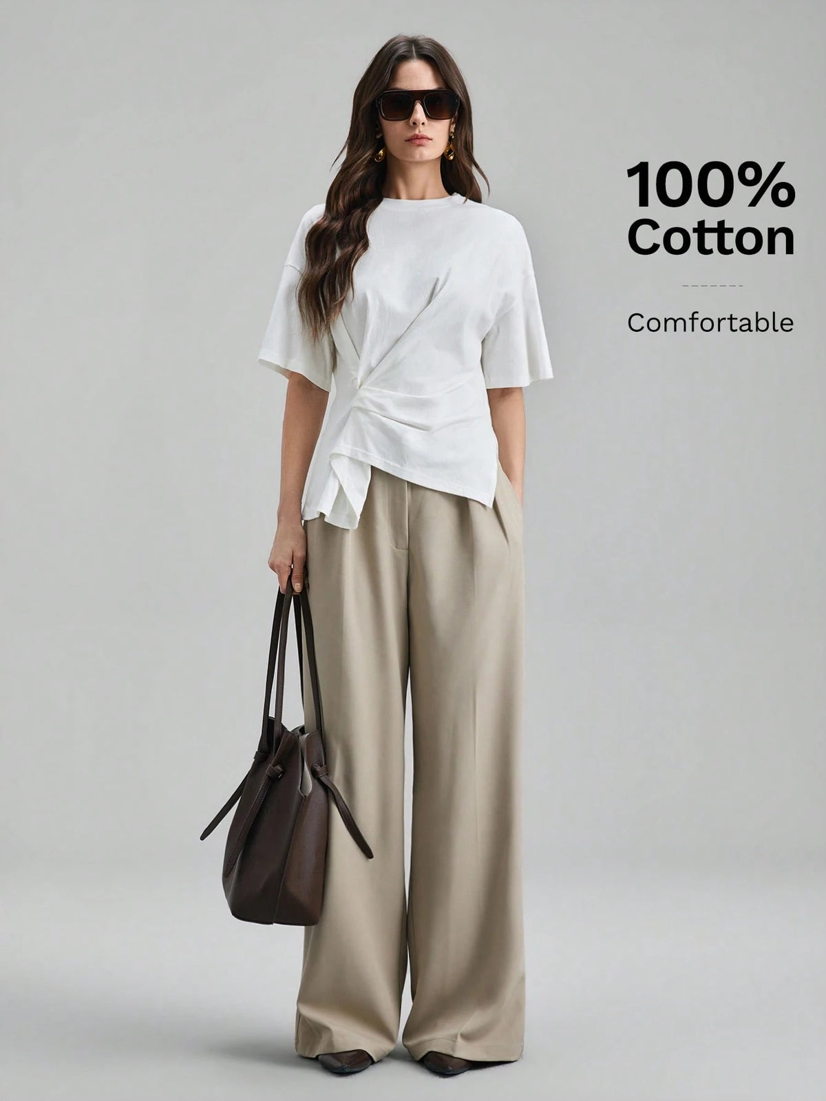 Ontre 2026 Dark Brown Summer Chic Work T-Shirt For Women,Ruched Side Slit Asymmetrical Hem, Comfortable Modern Urban Casual Bohemian Vacation Top