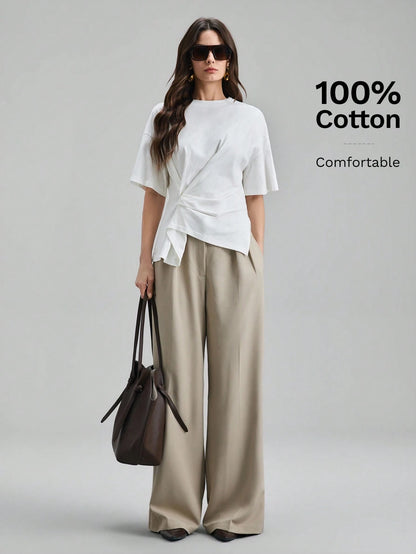 Ontre 2026 Dark Brown Summer Chic Work T-Shirt For Women,Ruched Side Slit Asymmetrical Hem, Comfortable Modern Urban Casual Bohemian Vacation Top