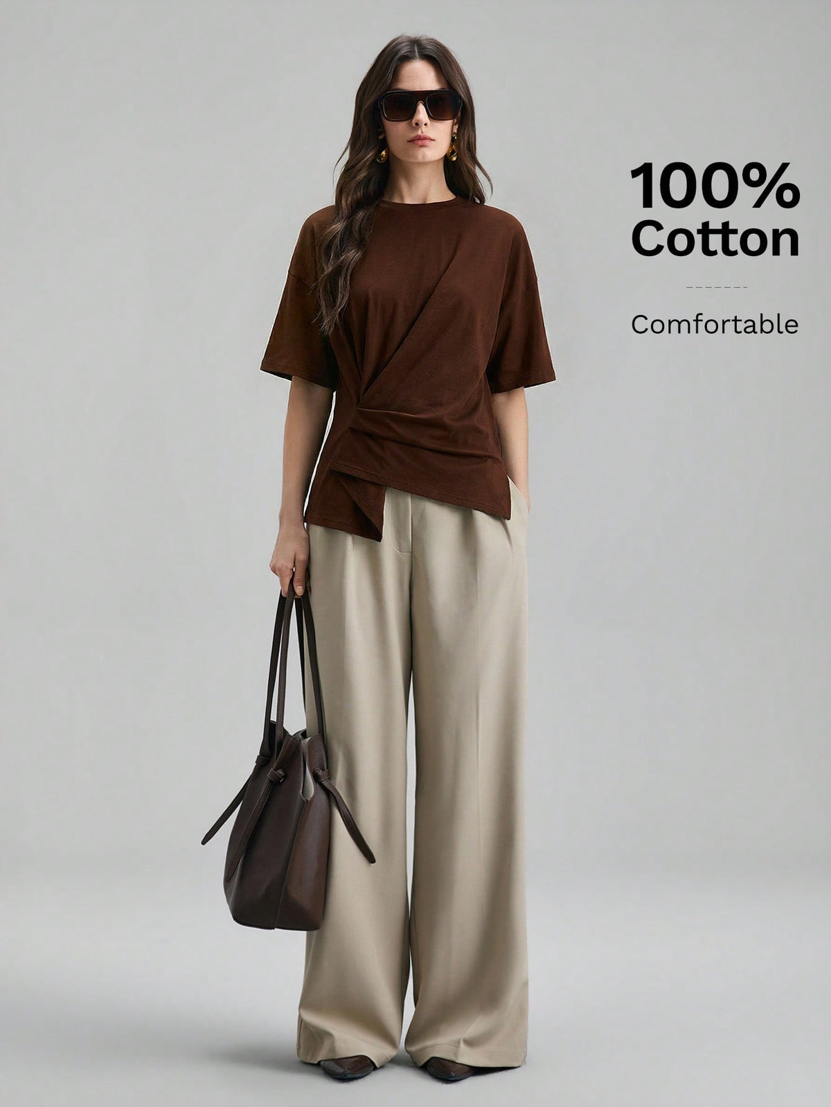 Ontre 2026 Dark Brown Summer Chic Work T-Shirt For Women,Ruched Side Slit Asymmetrical Hem, Comfortable Modern Urban Casual Bohemian Vacation Top