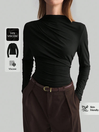 Ontre 2026 Spring/Summer New Coffee Asymmetric Ruched Collar Basic Long Sleeve Top, Minimalist Urban Business Casual Wear For Women Office