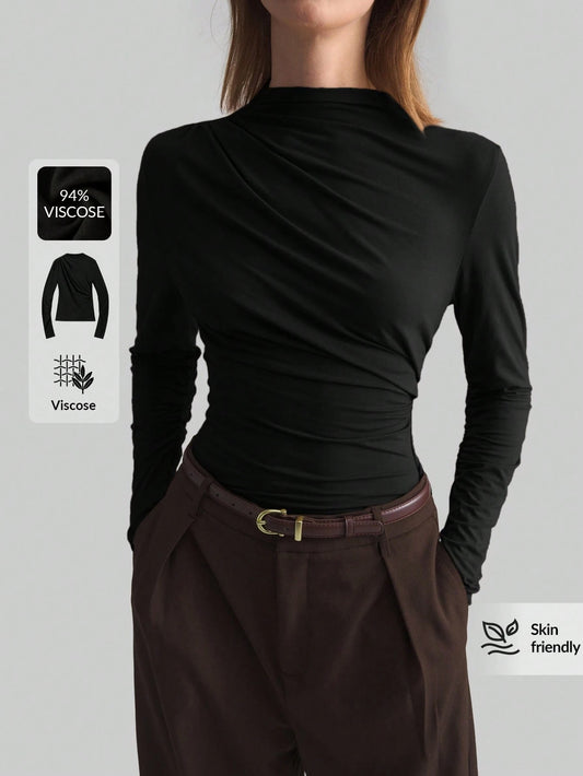 Ontre 2026 Spring/Summer New Coffee Asymmetric Ruched Collar Basic Long Sleeve Top, Minimalist Urban Business Casual Wear For Women Office