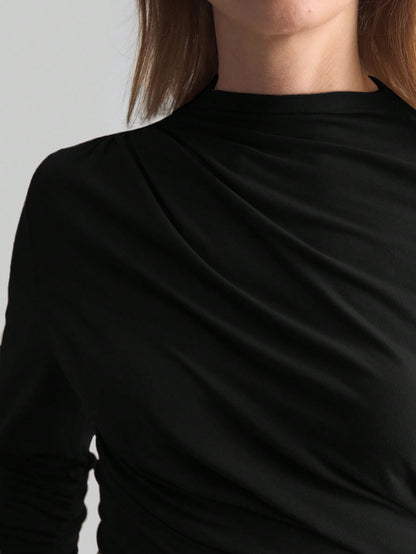 Ontre 2026 Spring/Summer New Coffee Asymmetric Ruched Collar Basic Long Sleeve Top, Minimalist Urban Business Casual Wear For Women Office