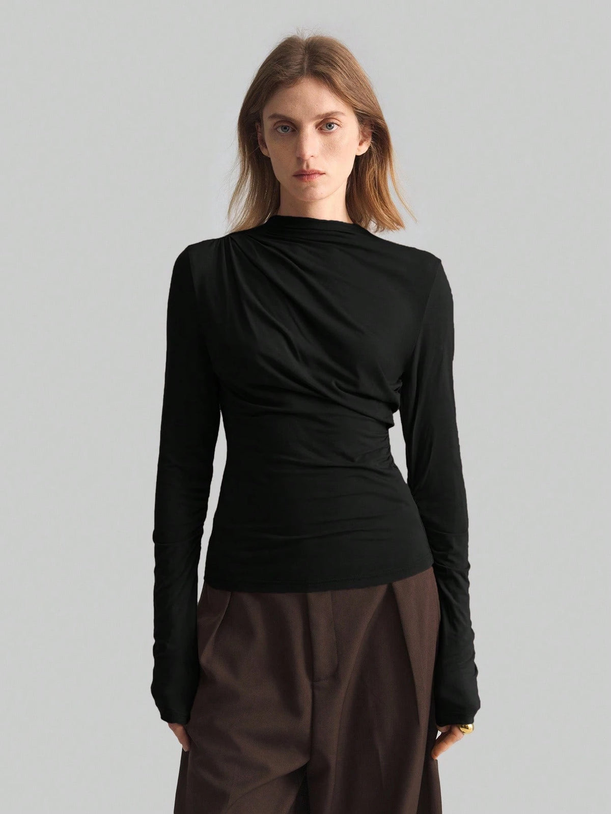 Ontre 2026 Spring/Summer New Coffee Asymmetric Ruched Collar Basic Long Sleeve Top, Minimalist Urban Business Casual Wear For Women Office
