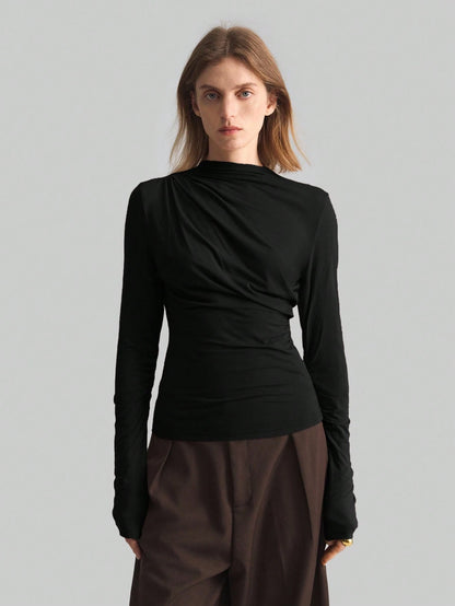 Ontre 2026 Spring/Summer New Coffee Asymmetric Ruched Collar Basic Long Sleeve Top, Minimalist Urban Business Casual Wear For Women Office
