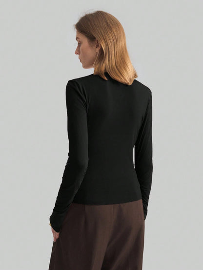 Ontre 2026 Spring/Summer New Coffee Asymmetric Ruched Collar Basic Long Sleeve Top, Minimalist Urban Business Casual Wear For Women Office