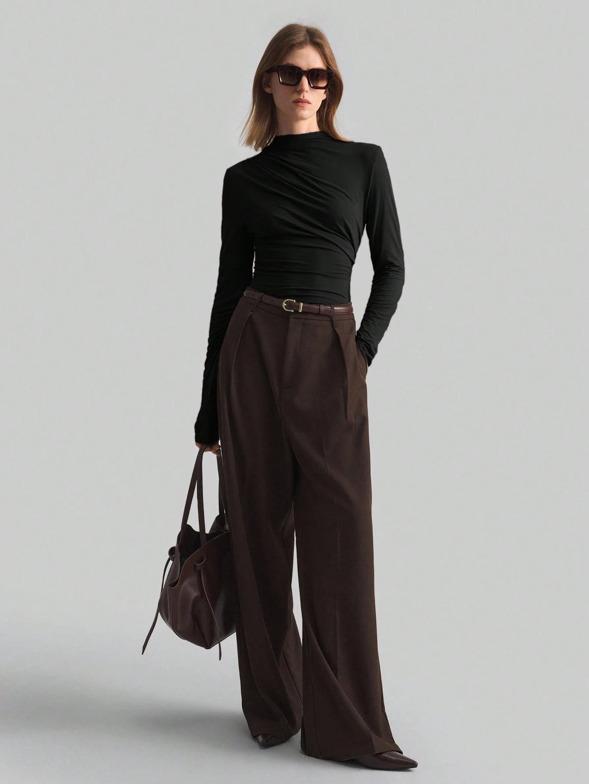 Ontre 2026 Spring/Summer New Coffee Asymmetric Ruched Collar Basic Long Sleeve Top, Minimalist Urban Business Casual Wear For Women Office