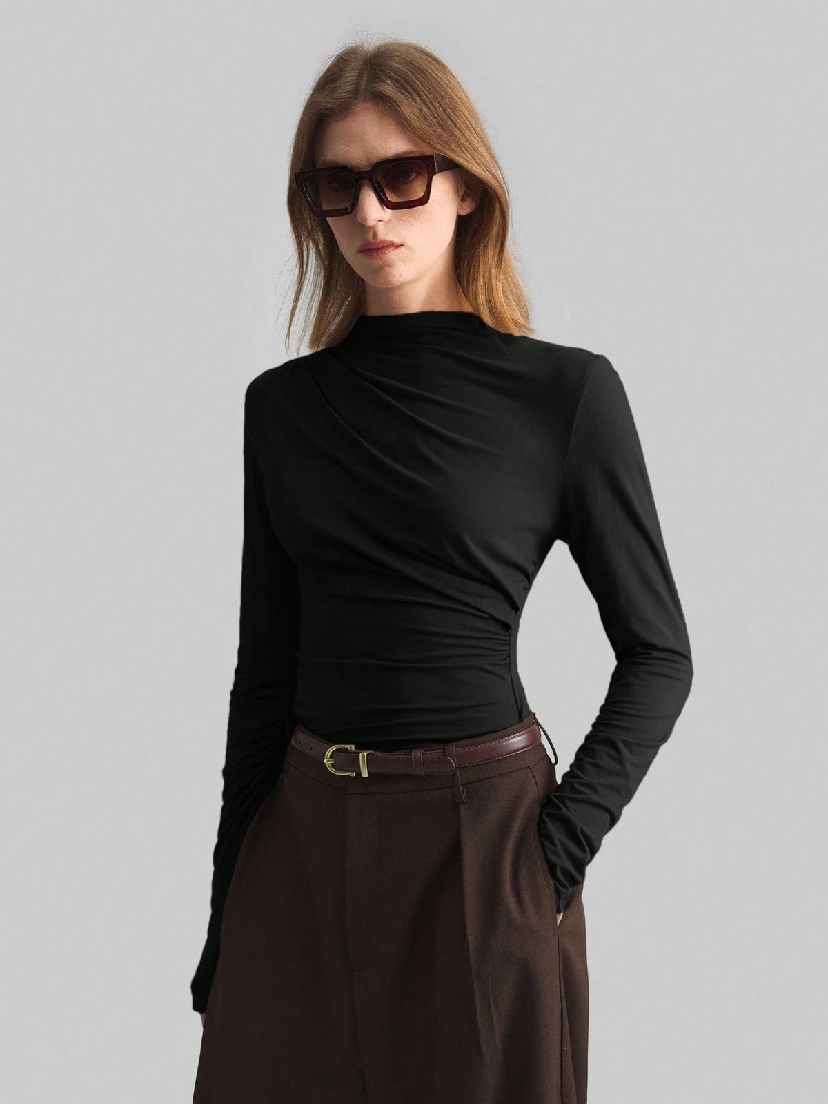 Ontre 2026 Spring/Summer New Coffee Asymmetric Ruched Collar Basic Long Sleeve Top, Minimalist Urban Business Casual Wear For Women Office