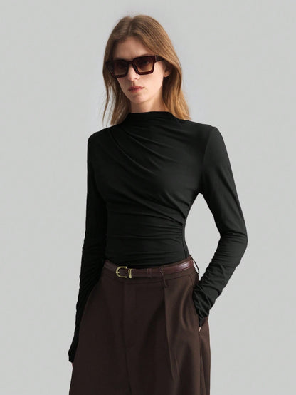 Ontre 2026 Spring/Summer New Coffee Asymmetric Ruched Collar Basic Long Sleeve Top, Minimalist Urban Business Casual Wear For Women Office
