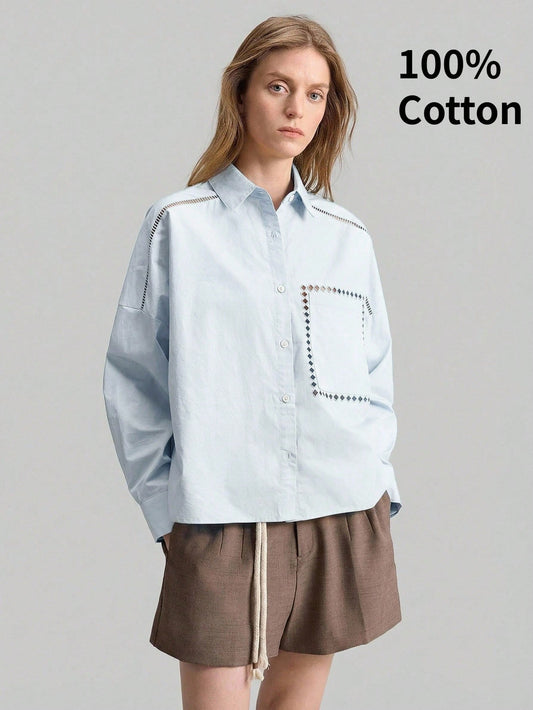 Ontre Women's Outfit Beach Wear Holiday Wear Country Style Country Music Concert 2026SS New Summer Women's Shirt Teacher Outfit Long Sleeve Embroidered Shirt Lapel Casual Loose Top Hollow Embroidery D