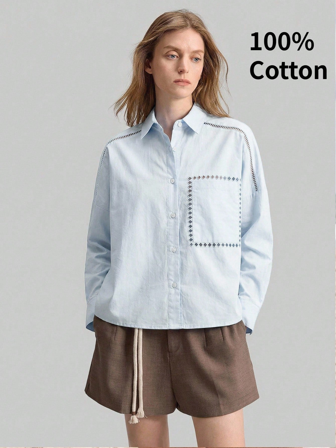 Ontre Women's Outfit Beach Wear Holiday Wear Country Style Country Music Concert 2026SS New Summer Women's Shirt Teacher Outfit Long Sleeve Embroidered Shirt Lapel Casual Loose Top Hollow Embroidery D