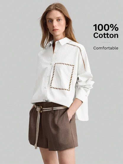 Ontre Women's Outfit Beach Wear Holiday Wear Country Style Country Music Concert 2026SS New Summer Women's Shirt Teacher Outfit Long Sleeve Embroidered Shirt Lapel Casual Loose Top Hollow Embroidery D