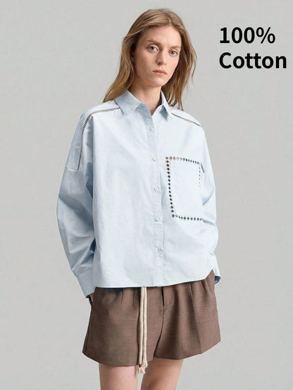 Ontre Women's Outfit Beach Wear Holiday Wear Country Style Country Music Concert 2026SS New Summer Women's Shirt Teacher Outfit Long Sleeve Embroidered Shirt Lapel Casual Loose Top Hollow Embroidery D