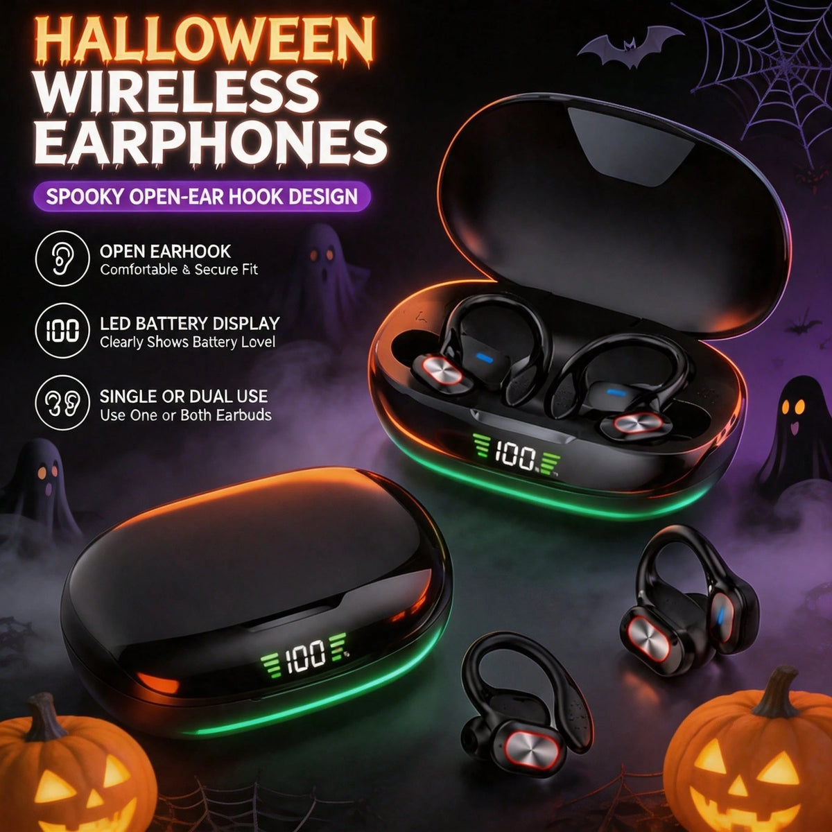 Open Wireless Earphones With 2-In-1 Earhook Design, LED Battery Display Bluetooth Headphones For Comfortable & Secure Fit, Single Or Dual Use For Everyday Listening