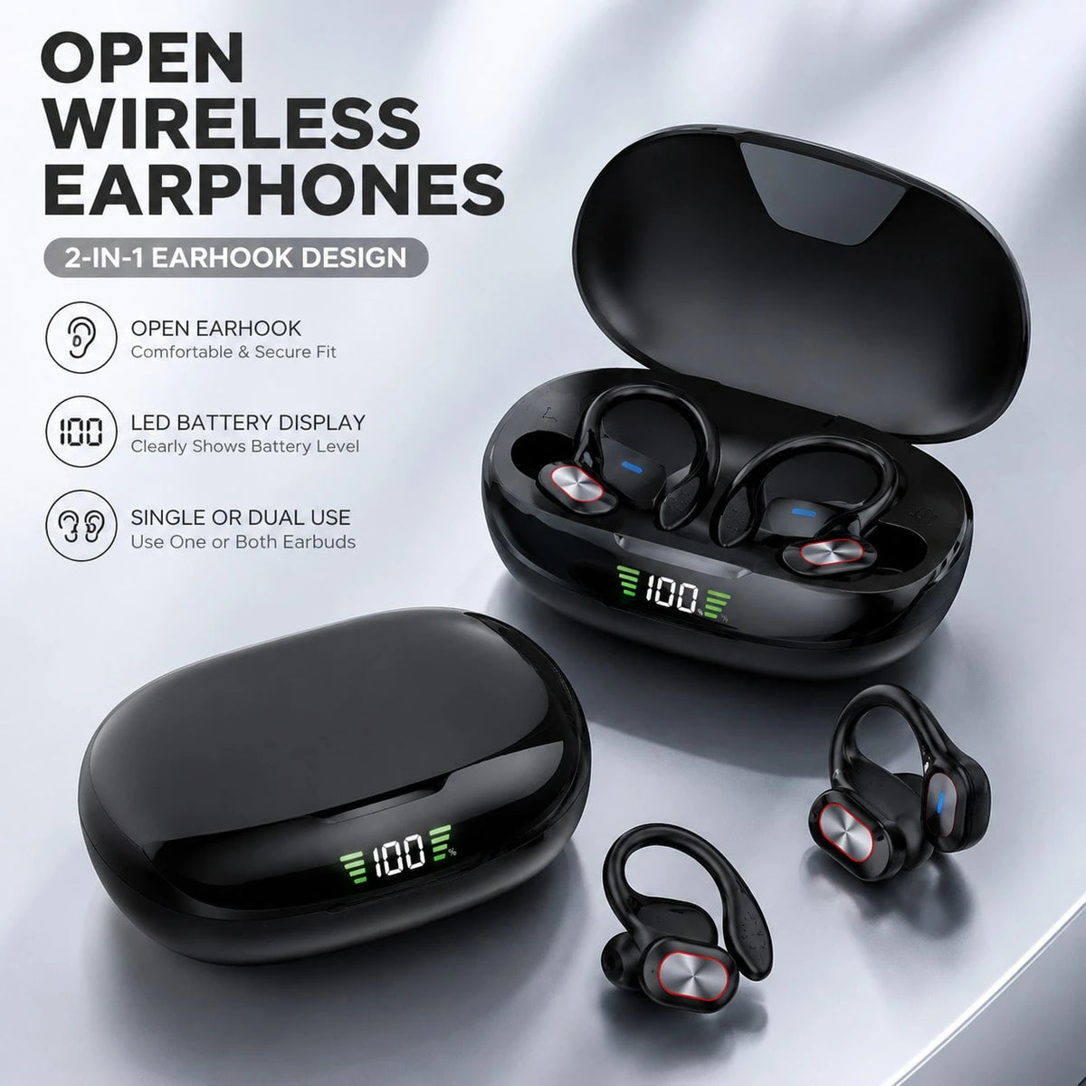 Open Wireless Earphones With 2-In-1 Earhook Design, LED Battery Display Bluetooth Headphones For Comfortable & Secure Fit, Single Or Dual Use For Everyday Listening