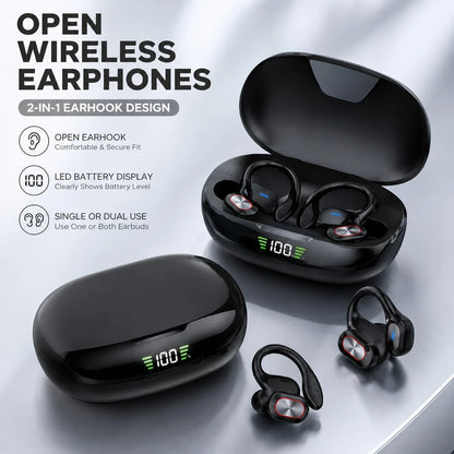 Open Wireless Earphones With 2-In-1 Earhook Design, LED Battery Display Bluetooth Headphones For Comfortable & Secure Fit, Single Or Dual Use For Everyday Listening
