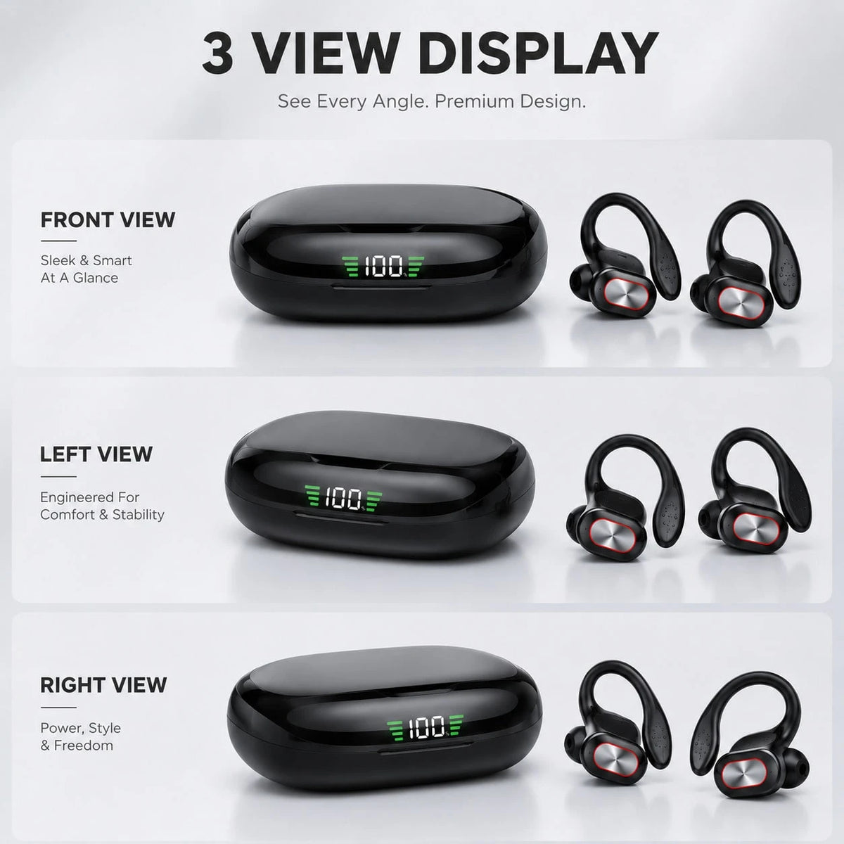 Open Wireless Earphones With 2-In-1 Earhook Design, LED Battery Display Bluetooth Headphones For Comfortable & Secure Fit, Single Or Dual Use For Everyday Listening