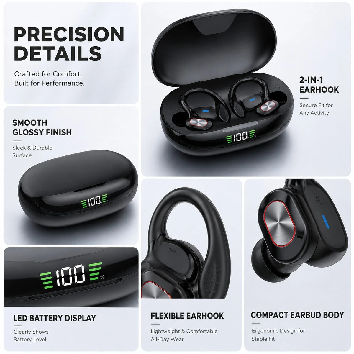 Open Wireless Earphones With 2-In-1 Earhook Design, LED Battery Display Bluetooth Headphones For Comfortable & Secure Fit, Single Or Dual Use For Everyday Listening