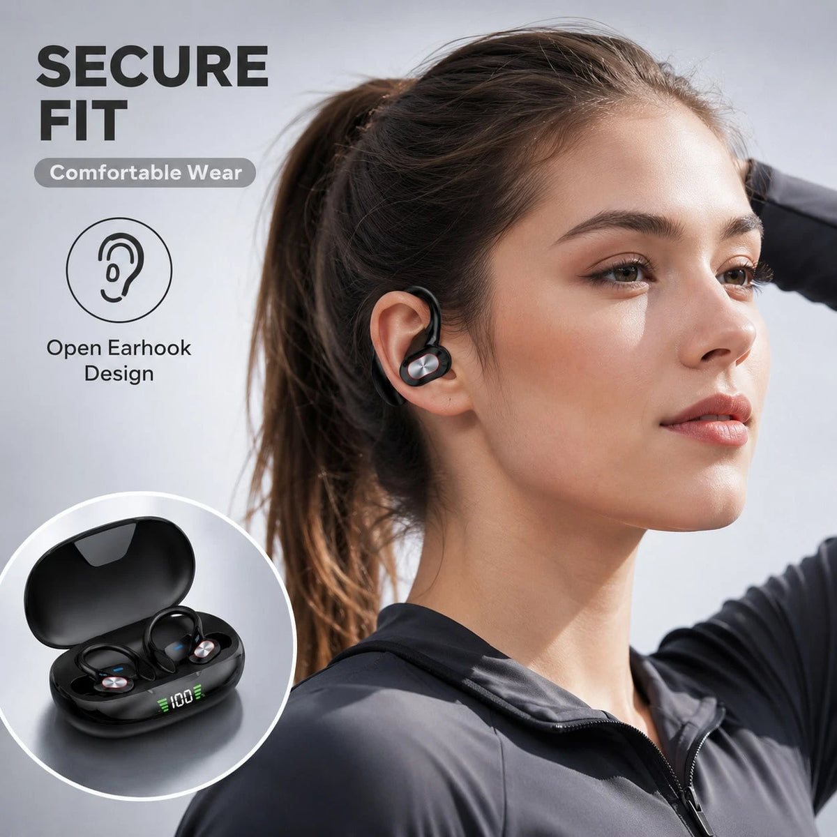 Open Wireless Earphones With 2-In-1 Earhook Design, LED Battery Display Bluetooth Headphones For Comfortable & Secure Fit, Single Or Dual Use For Everyday Listening