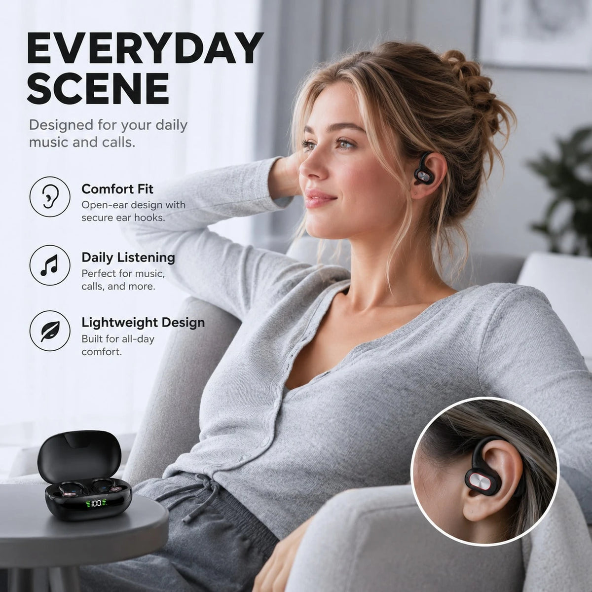 Open Wireless Earphones With 2-In-1 Earhook Design, LED Battery Display Bluetooth Headphones For Comfortable & Secure Fit, Single Or Dual Use For Everyday Listening