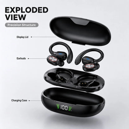 Open Wireless Earphones With 2-In-1 Earhook Design, LED Battery Display Bluetooth Headphones For Comfortable & Secure Fit, Single Or Dual Use For Everyday Listening