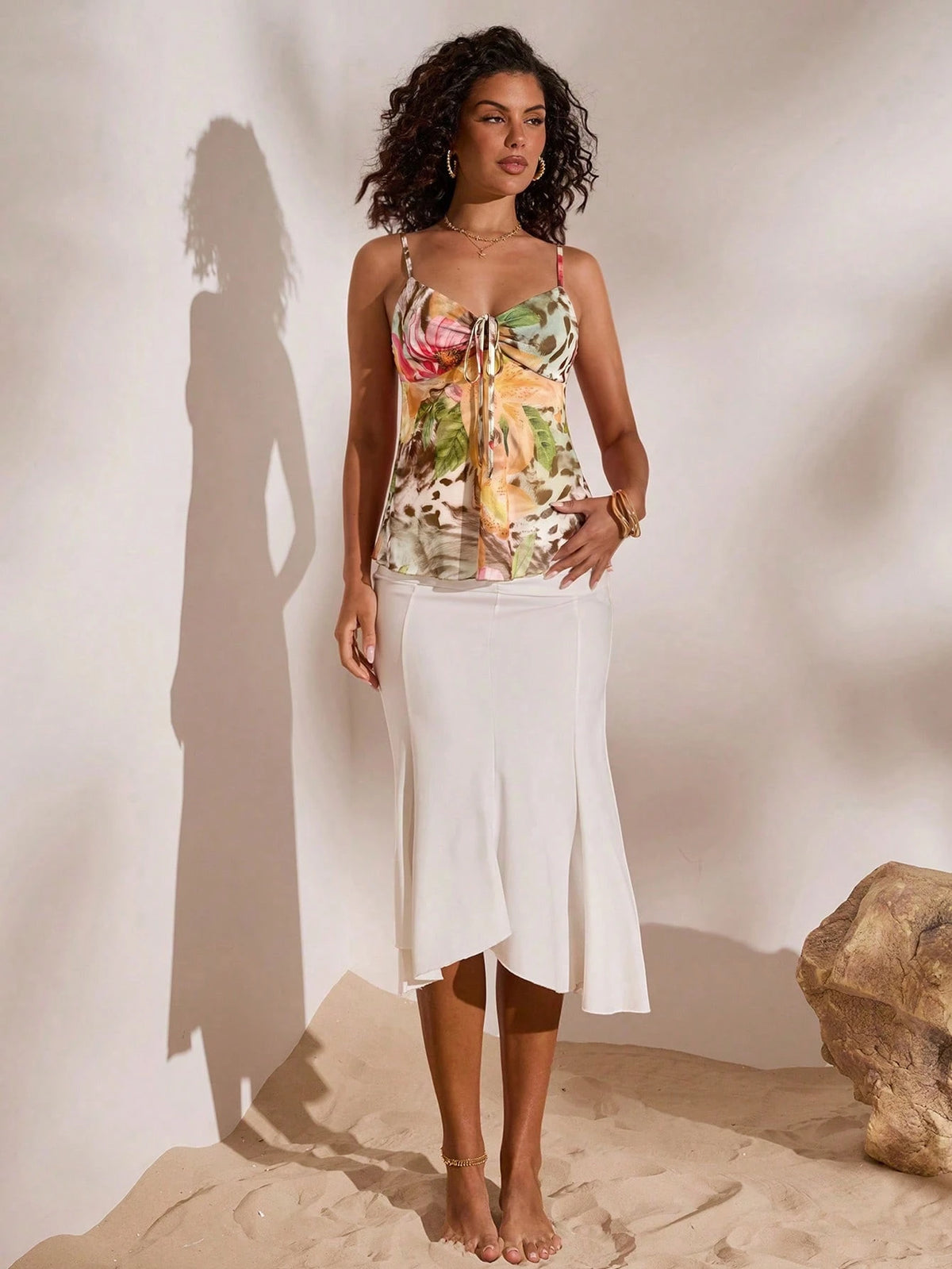 Opulessa Spring/Summer Vacation Knit Mesh Printed Camisole Tank Top For Women
