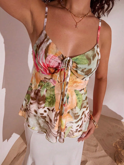 Opulessa Spring/Summer Vacation Knit Mesh Printed Camisole Tank Top For Women