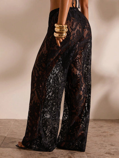 Opulessa Women's Solid Color Knotted Hollow See-Through Casual Pants Cover-Up